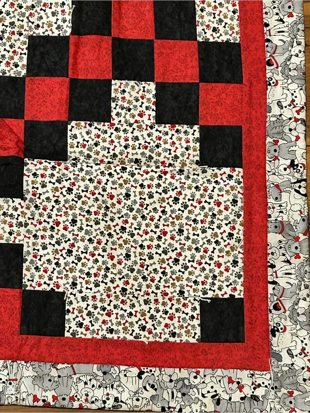Handmade Red & Black Checkered Pieced Quilt - Floral Background